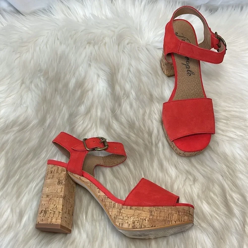 Free People Brooke‎ Red Retro Cork Platform Sandals Sz 37/6.5